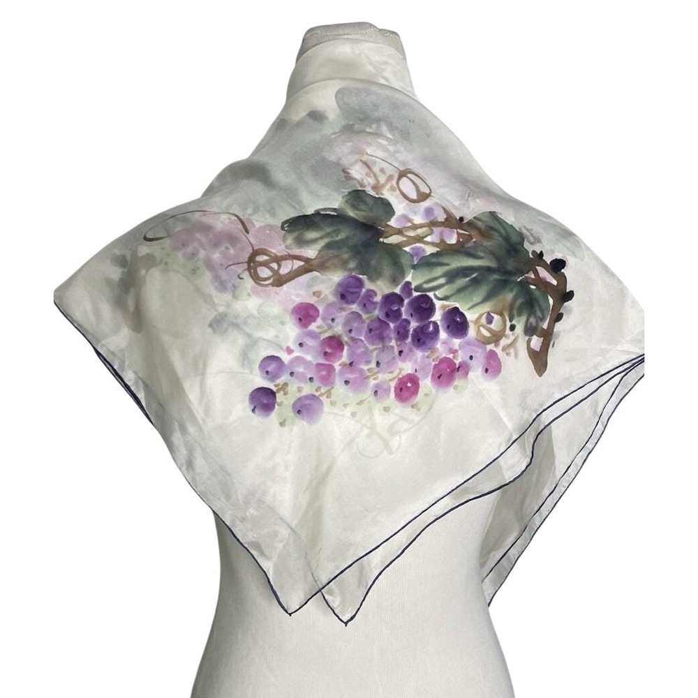 Vintage Silk Scarf Hand Rolled Painted Stunning Grape Print 30 X 30